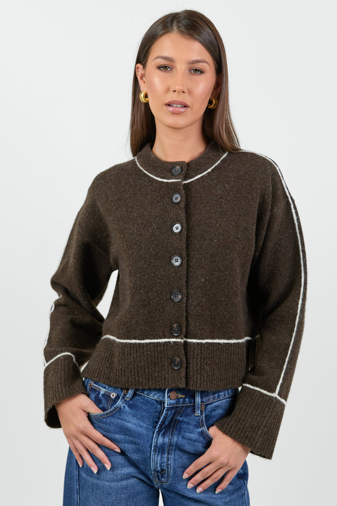 Habitual Chocolate Contrast Trim Cardiga | Flo & Frankie