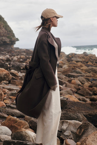 model wears a brown coat
