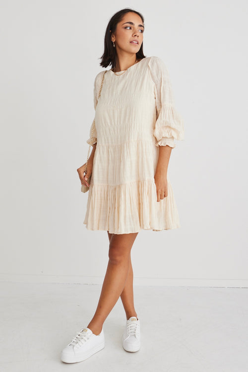 Millie Ecru Shirred Cotton Ls Tiered Mini Dress WW Dress Ivy + Jack   