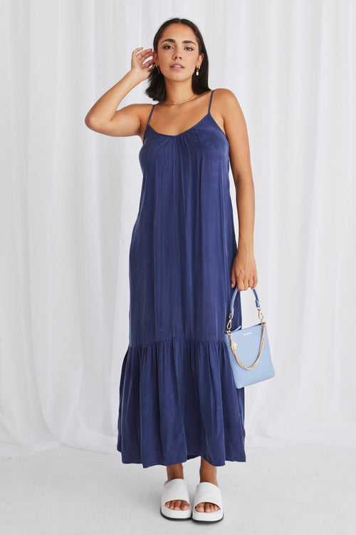 All Day Blue Cupro Strappy Tiered Empire Midi Dress WW Dress Stories be Told   