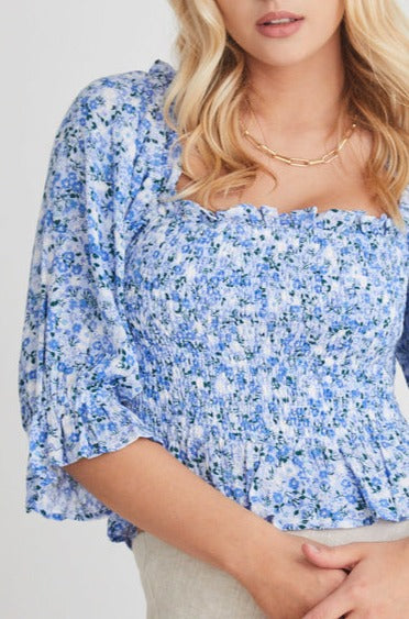 Bubbly Blue Floral Shirred Bodice Ss Top WW Top Stories be Told   