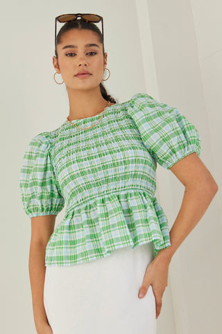 Beholden Blue Green Check Shirred Bodice SS Top WW Top Ivy + Jack   
