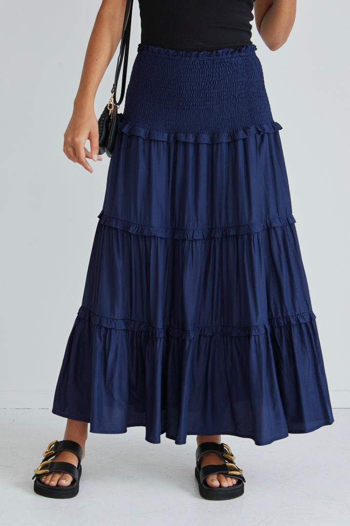 Soaring High Navy Washer Satin Shirred Waist Tiered Maxi Skirt