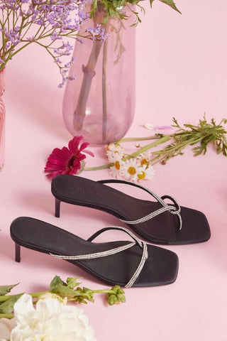 Chrissy Black Crystal Thin Strap Mule Heel ACC Shoes - Heels Solsana   