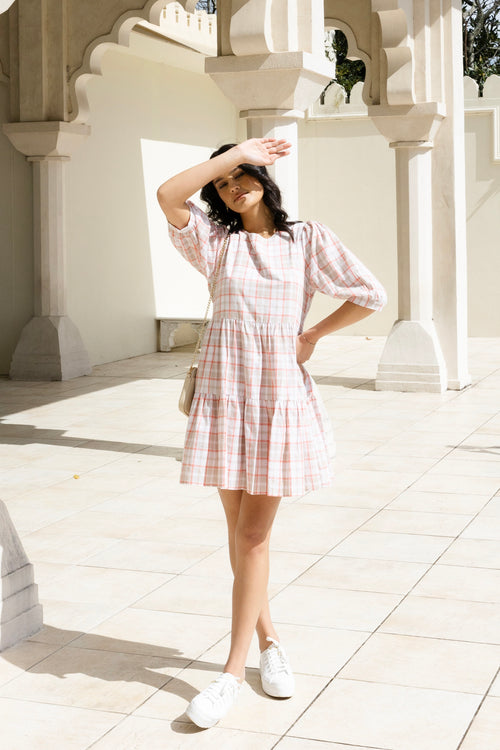 Anytime Pink Picnic Check Ss Tiered Mini Dress WW Dress Among the Brave   