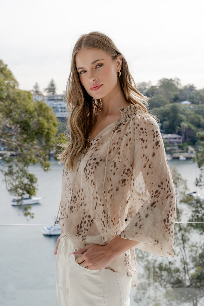 Odyssey Beige Leopard Georgette Shirred | Flo & Frankie