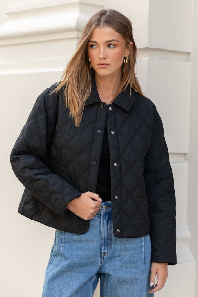 Absolute Black Collared Quilted Puffer J | Flo & Frankie