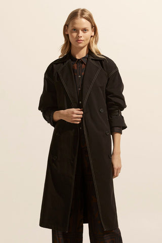 model wears a black coat