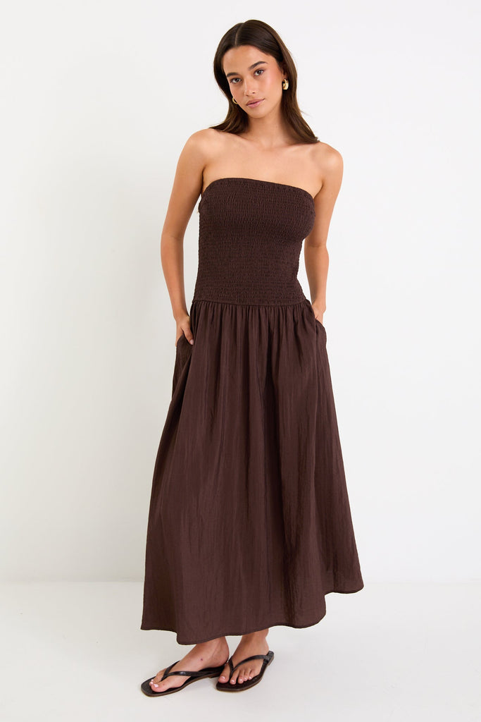 Shop Athens Chocolate Strapless Shirred Bodice Maxi Dress | Flo & Fran Shop Athens Chocolate Strapless Shirred Bodice Maxi Dress | Flo & Fran