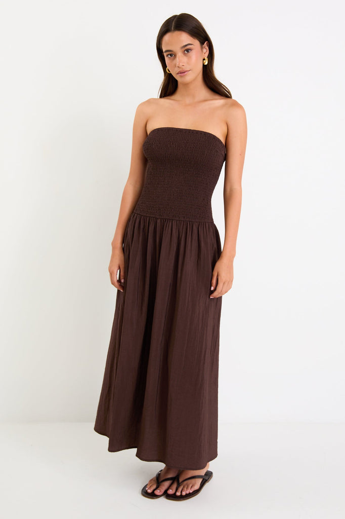 Shop Athens Chocolate Strapless Shirred Bodice Maxi Dress