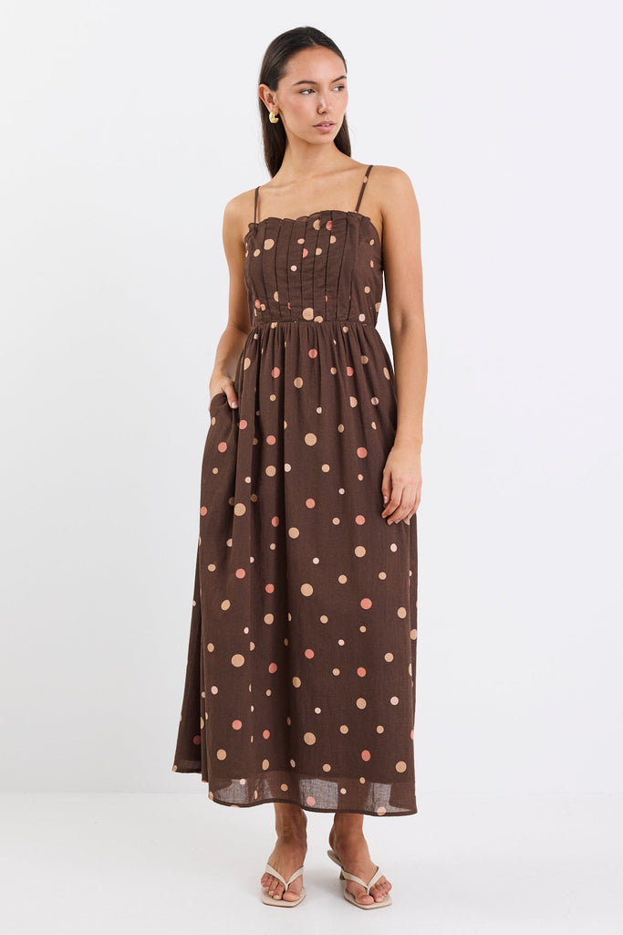 Cassara Maxi Dress - Chocolate / Blue Polka Dot