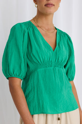 Believer Green Textured SS V Neck Top