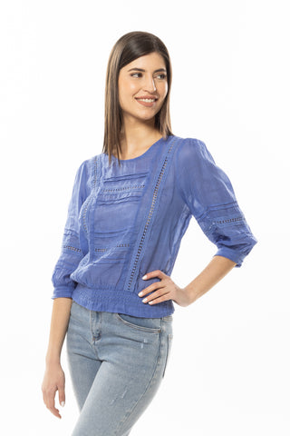 Blessed Periwinkle Linen Mid Sleeve Lace Top WW Top Leila + Luca   