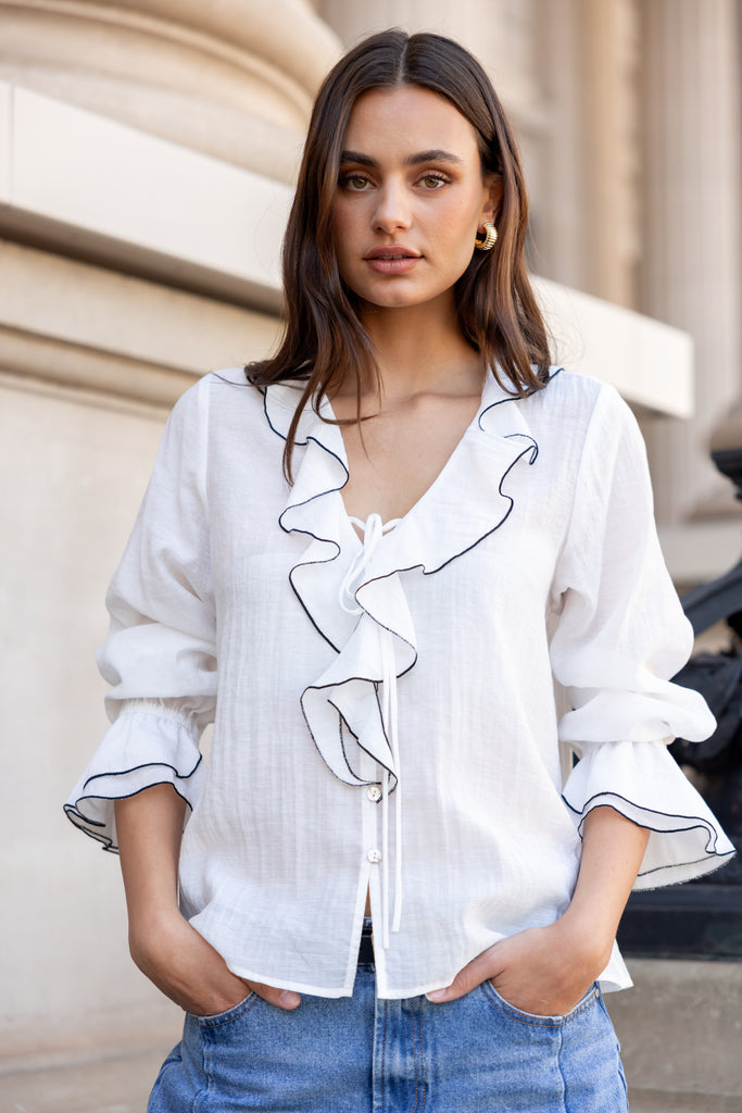 Bohemian Ivory Black Trim Sheer Frill Fr | Flo & Frankie