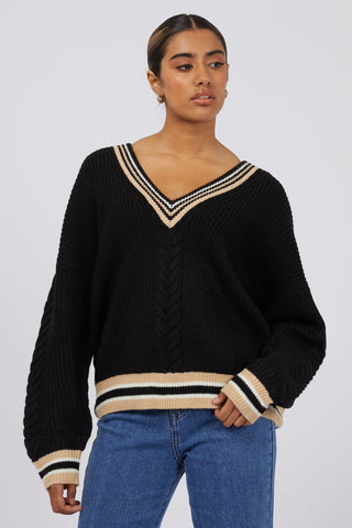 model wears a black knit