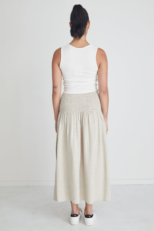 Byron Natural Linen Shirred Waist Maxi Skirt WW Skirt RE:Union   
