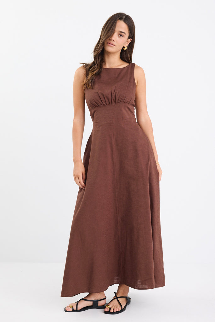 Shop Cairo Chocolate Cotton Linen Sleeveless Midi Dress | Flo & Franki Shop Cairo Chocolate Cotton Linen Sleeveless Midi Dress | Flo & Franki