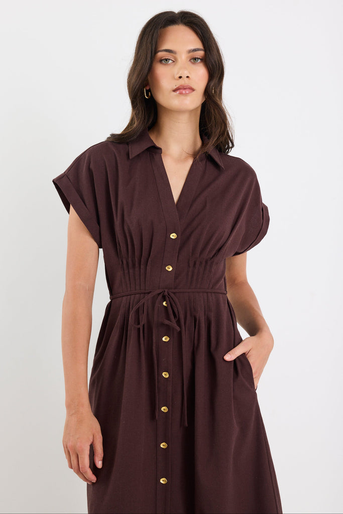 Shop Carriage Chocolate Sleeveless Pintuck Midi Shirt Dress