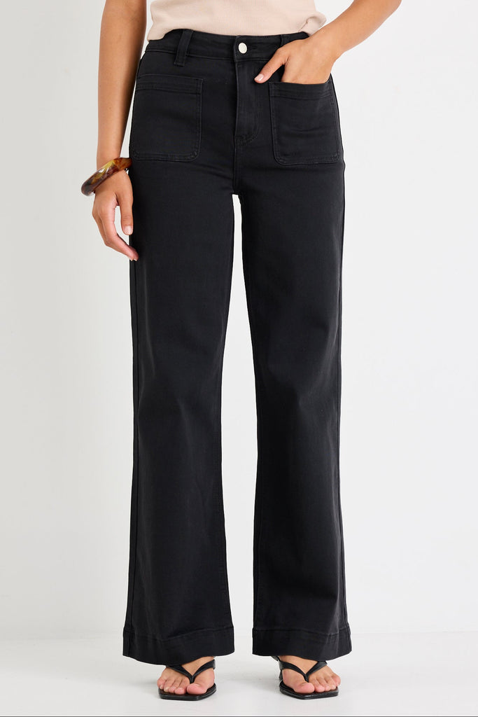 Zoey Black Denim High Rise Wide Leg Pock | Flo & Frankie