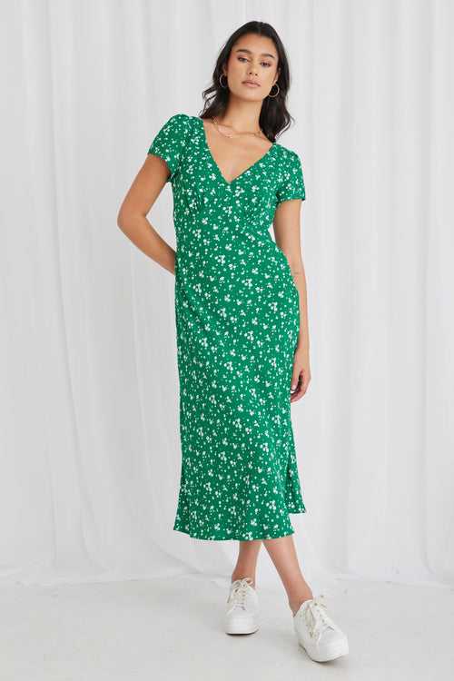 Cosmic Green Ditsy Sleeveless Slim Fit Midi Dress WW Dress Stories be Told   