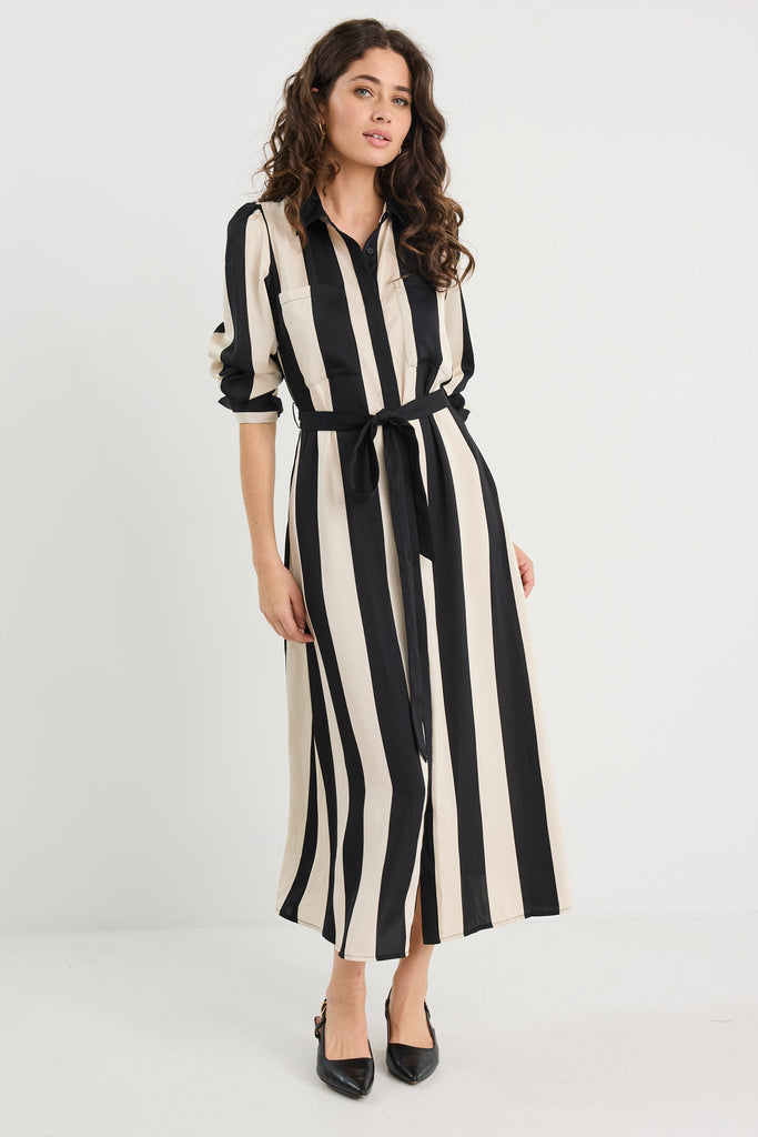 Shop Cyprus Black Sand Stripe Satin LS Shirt Midi Dress
