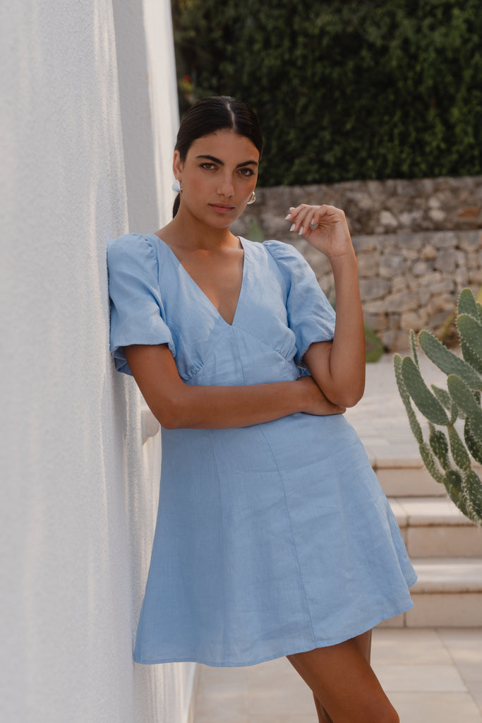 Adelaide Sky Blue Linen Puff Sleeve Pane