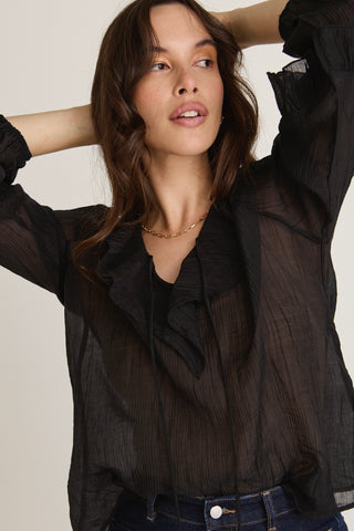 model wears a black blouse