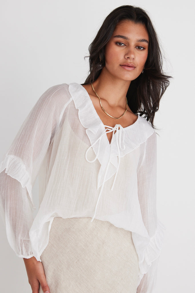 Daily Ivory Sheer Texture Frill Front Top