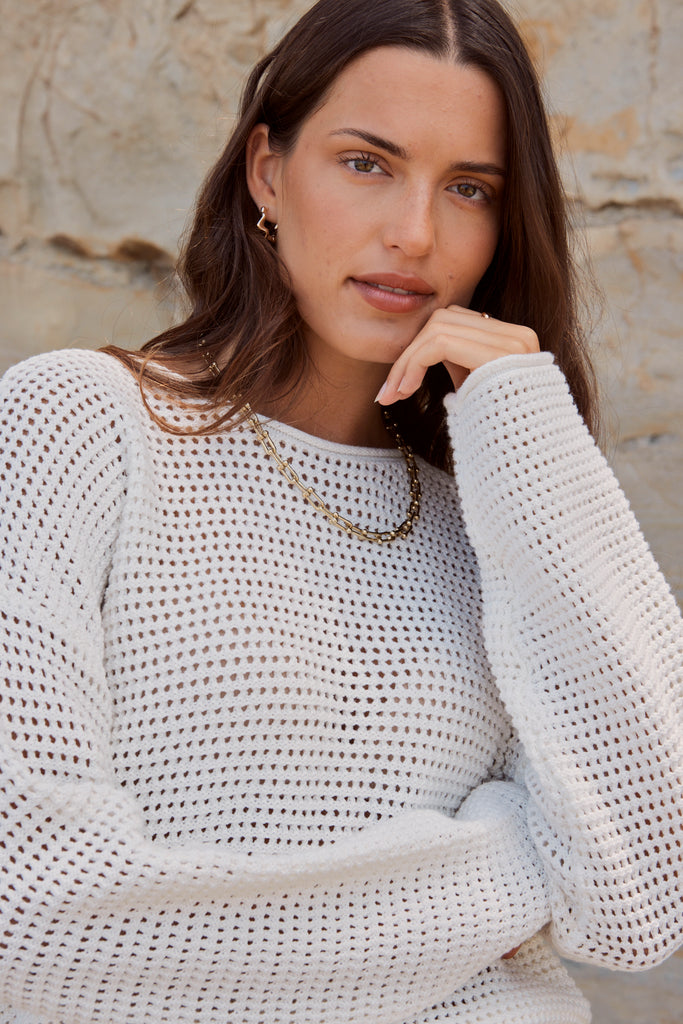Oui Tassel Hem Crochet Knit Jumper White/navy