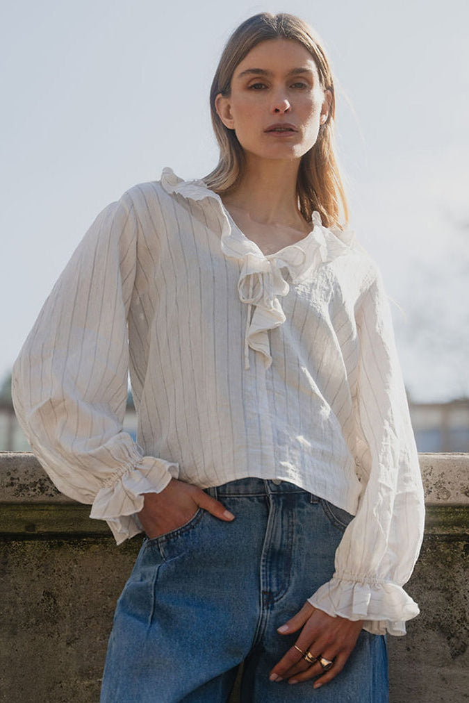 Shop Decorate Ivory Black Stripe Frill Front Mid Sleeve Top | Flo & Fr