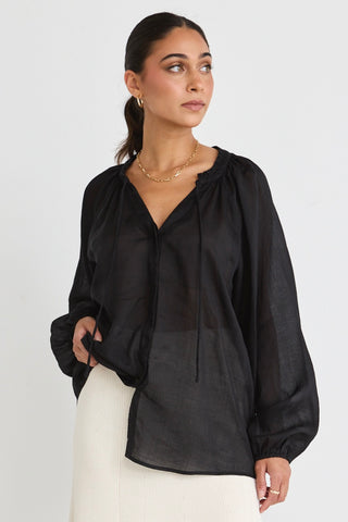 model wears a black blouse