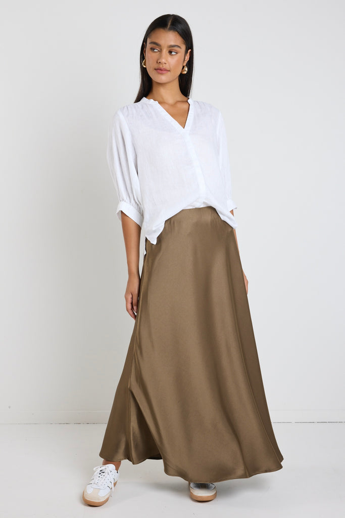 By Rosa Preserve Burgundy Satin Floaty Bias Midi Skirt