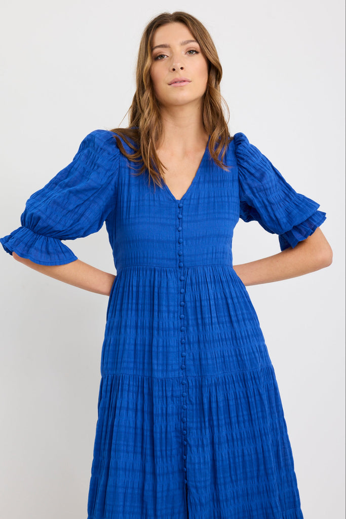 chinese dress ladies Shop Dreamy Azure Bubble SS Button Front Tiered Maxi Dress