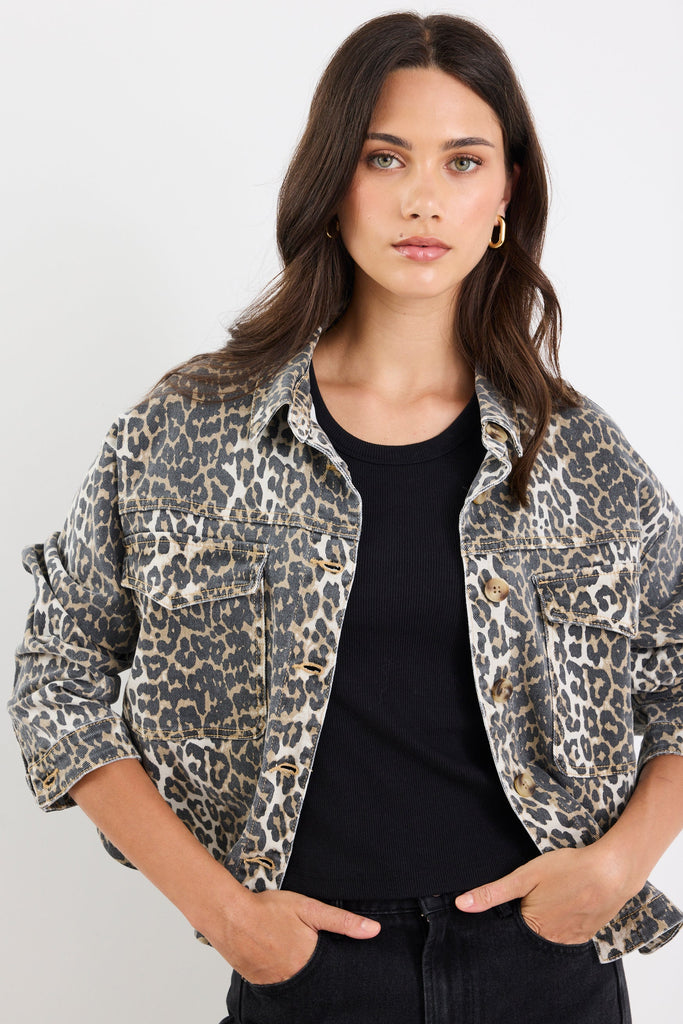 Shop Echo Leopard Print Patch Pocket Denim Jacket | Flo & Frankie