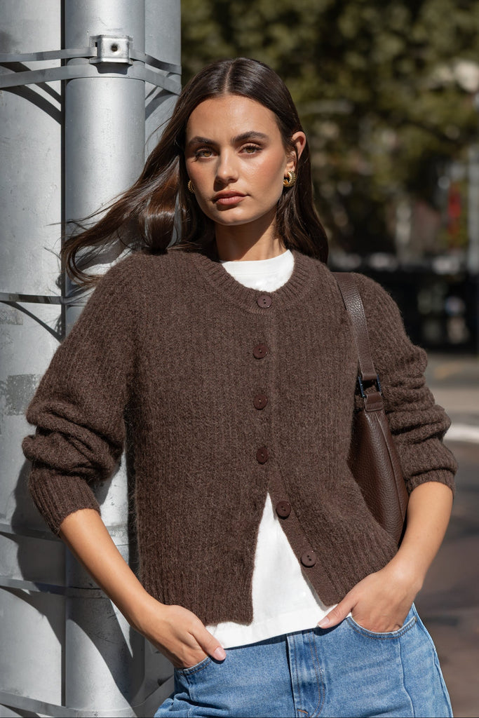 Shop Highlight Chocolate Mohair Blend Crewneck Cardigan | Flo & Franki