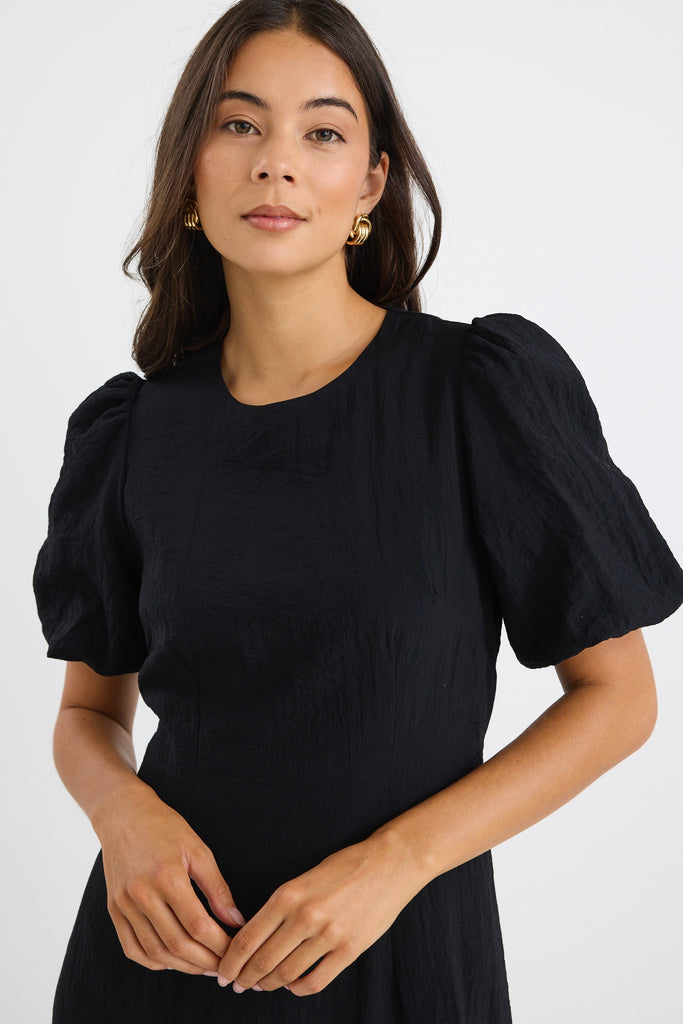 Shop Elder Black Short Puff Sleeve Tie Midi Dress