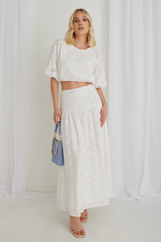 Aquarius White Broidery Anglaise Tiered Split Front Maxi Skirt