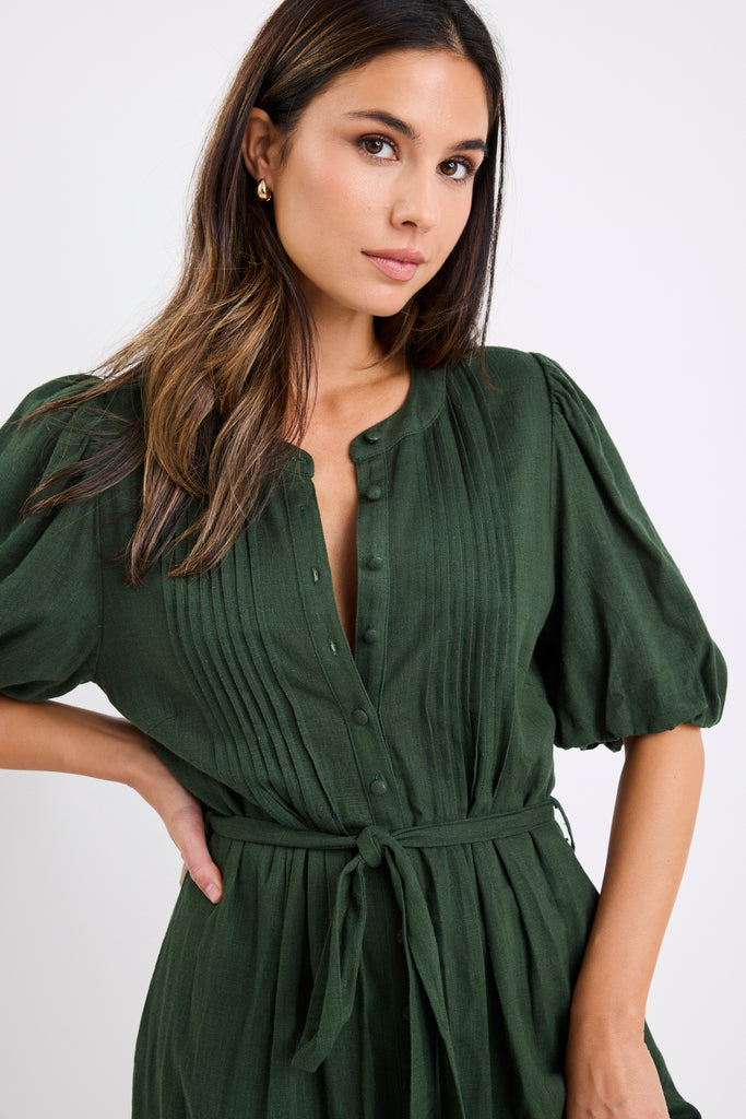 Shop Emotion Forest Puff Sleeve Pin Tuck Midi Shirt Dress