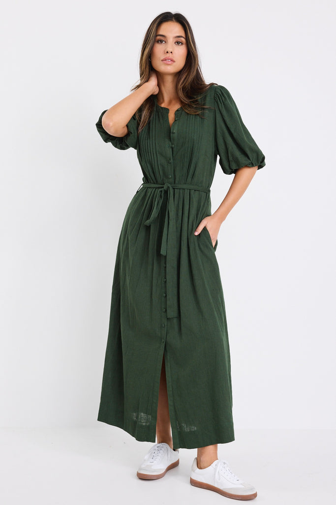 Shop Emotion Forest Puff Sleeve Pin Tuck Midi Shirt Dress