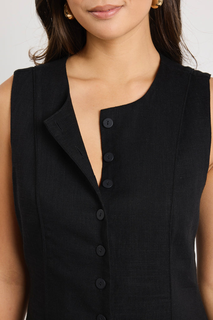 Shop Escape Black Linen Blend Mini Vest Dress | Flo & Frankie Shop Escape Black Linen Blend Mini Vest Dress | Flo & Frankie
