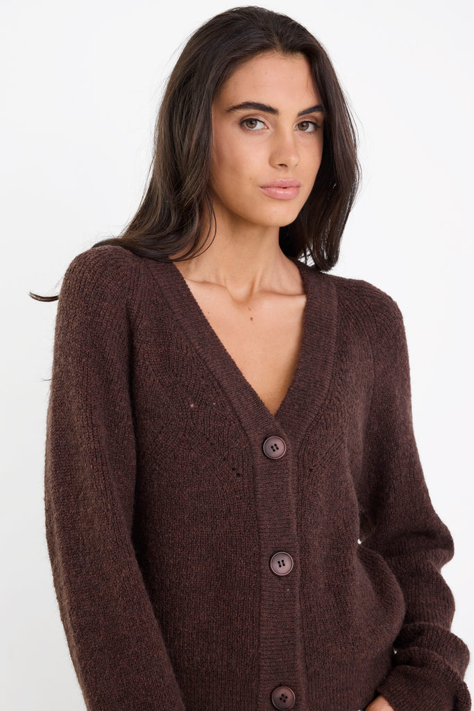 Essence Chocolate V Neck Rib Knit Cardig | Flo & Frankie