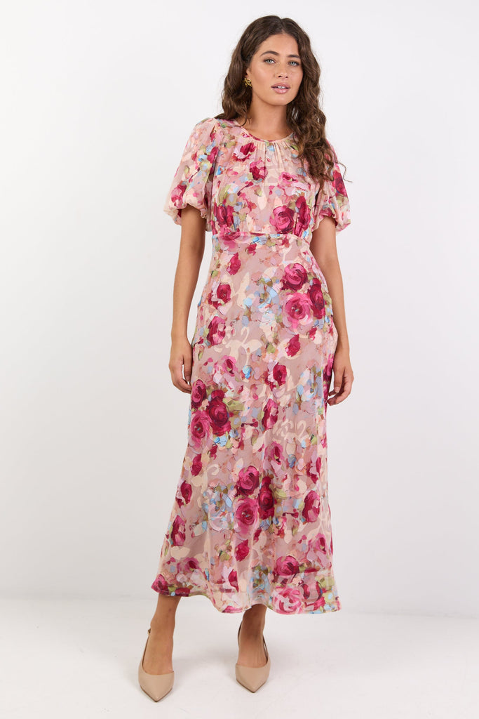 handcrafted rose midi dress Shop Exquisite Painted Rose Puff Sleeve Midi Dress