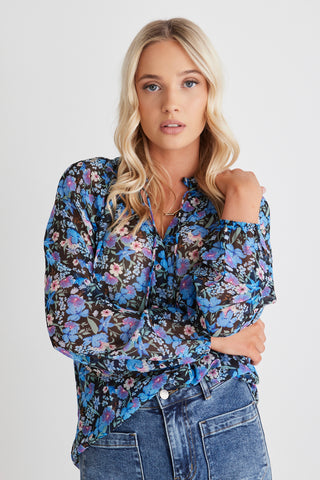 Deft Blue Floral Shirred LS Button Blouse WW Top By Rosa.   