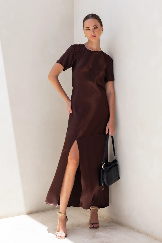 Shop Falling In Love Chocolate SS Satin Maxi Dress