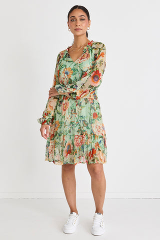 Florence Green Floral LS Tiered Smock Mini Dress