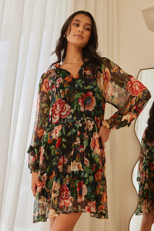 Florence Black Floral LS Tiered Smock Dress WW Dress By Rosa.   