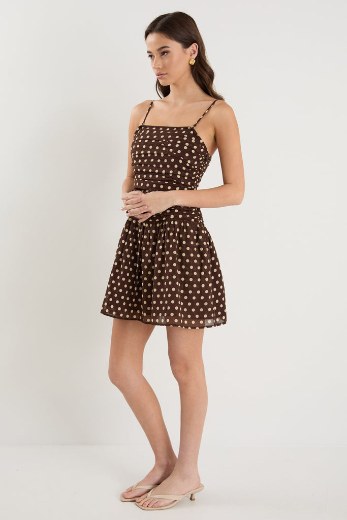 Shop Florentine Chocolate Polka Dot Strapless Pleated Bodice Mini Dres