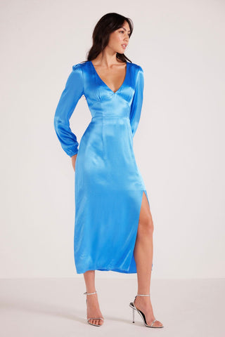 Gaia Blue LS Satin Maxi Dress