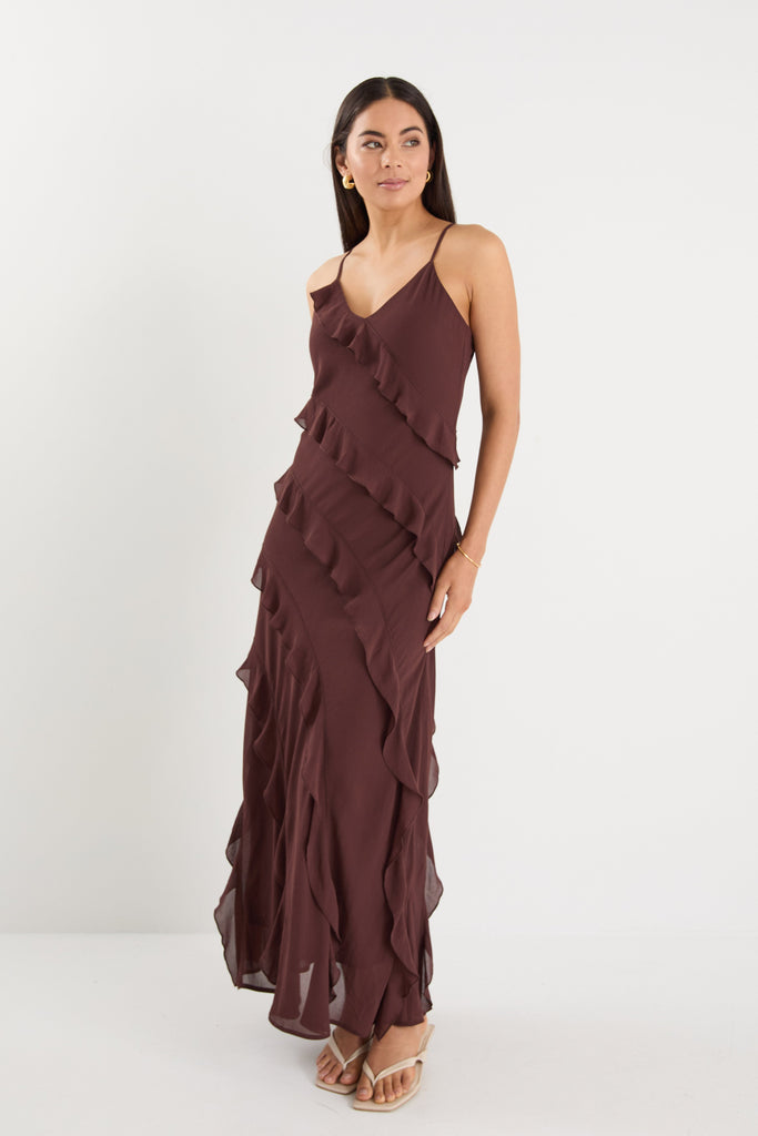 Shop Galore Chocolate Bias Ruffle Slip Maxi Dress