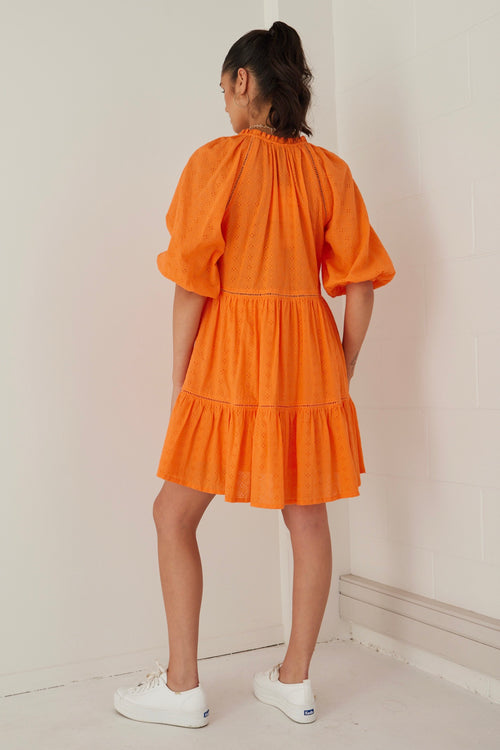 Gemini Orange Broiderie Balloon Sleeve Tiered Mini Dress WW Dress Among the Brave   